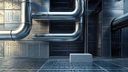 Poster - An industrial scene with a metallic pipe's intricate shapes and a simple podium beside it, ideal for a product showcase.