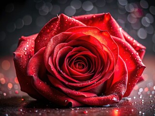 Wall Mural - Dramatic lighting reveals the velvet texture and dew drops on a single, romantic red rose macro shot.