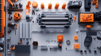 Aufkleber - An overhead view of a microfactory assembly line with an array of 3D-printed parts being sorted and arranged, showcasing the flexibility of modern manufacturing technology.