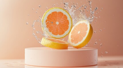 Poster - Bright orange and lemon slices collide, releasing a splash of juice and water droplets, symbolizing refreshing energy, with a sleek podium for packaging mockup.