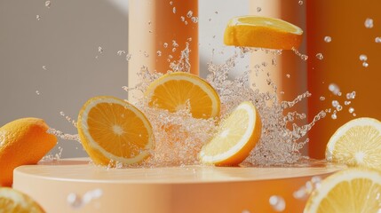 Poster - Bright orange and lemon slices collide, releasing a splash of juice and water droplets, symbolizing refreshing energy, with a sleek podium for packaging mockup.