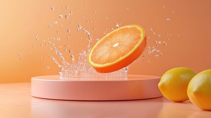 Poster - Bright orange and lemon slices collide, releasing a splash of juice and water droplets, symbolizing refreshing energy, with a sleek podium for packaging mockup.