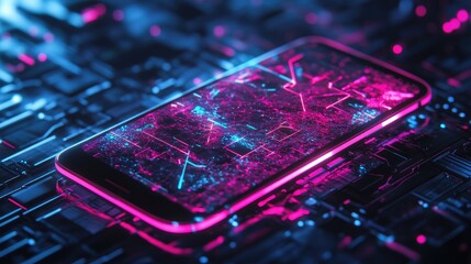 Poster - Broken smartphone with a cracked neon screen and glitch effects, representing futuristic technology breakdown, data corruption, and vulnerability in the digital age.