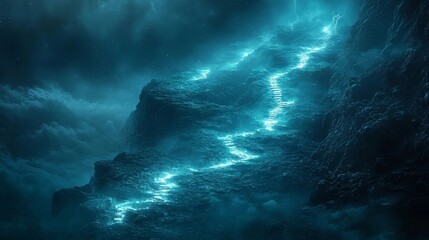 Poster - Electrified Futuristic Landscape with Glowing Energy Pathways Illuminating the Terrain