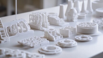 Poster - Close-up of 3D-printed components awaiting assembly, highlighting the cutting-edge manufacturing techniques made possible by AI design algorithms in a futuristic production environment.