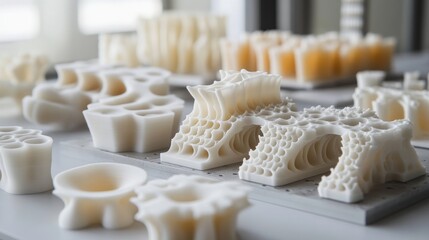 Poster - Close-up of 3D-printed components awaiting assembly, highlighting the cutting-edge manufacturing techniques made possible by AI design algorithms in a futuristic production environment.