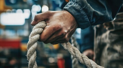 Poster - Close-up of a factory worker's hands gripping a sturdy rope in a bustling industrial setting, emphasizing the strength and resilience required in high-pressure manufacturing environments.