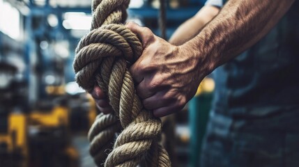 Poster - Close-up of a factory worker's hands gripping a sturdy rope in a bustling industrial setting, emphasizing the strength and resilience required in high-pressure manufacturing environments.