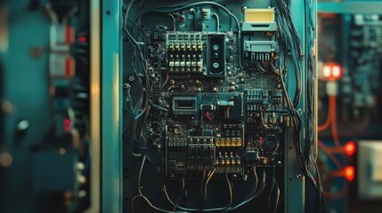 Leinwandbilder - Close-up of an electrical cabinet displaying intricate wiring and components, highlighting the complexity of modern manufacturing processes and advanced technology in an industrial setting.