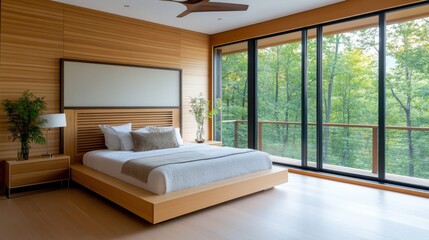 Wall Mural - Modern Minimalist Bedroom Design Featuring Natural Light, Wood Accents, and Serene Forest View Through Glass Doors