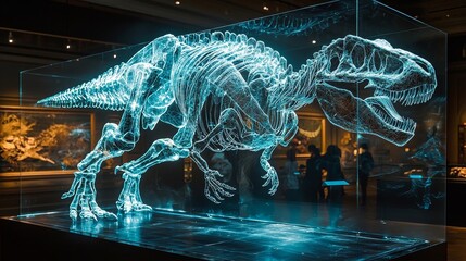 Poster - hologram inspired t rex skeleton exhibit in dark museum gallery with modern design