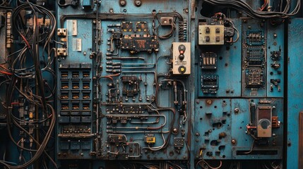 Poster - Close-up of an industrial electrical cabinet, featuring intricate wiring and components that represent the complexity and precision of modern manufacturing processes.