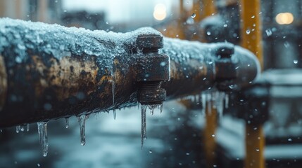 Aufkleber - Close-up of corroded, frozen pipes leaking water droplets in a winter industrial setting, showcasing the effects of harsh weather conditions on manufacturing infrastructure.