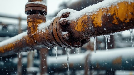 Aufkleber - Close-up of corroded, frozen pipes leaking water droplets in a winter industrial setting, showcasing the effects of harsh weather conditions on manufacturing infrastructure.