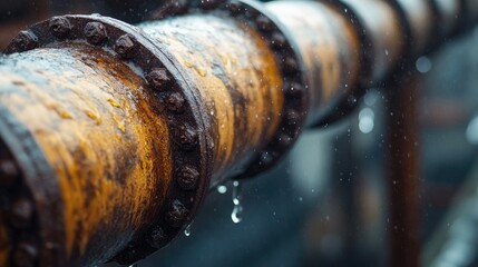 Poster - Close-up of corroded pipes in a winter industrial setting, leaking water droplets and highlighting the challenges of maintaining manufacturing infrastructure in harsh weather conditions.