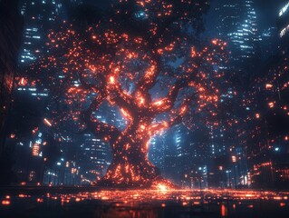 Poster - Glowing Holographic Tree Illuminating a Futuristic Urban City Plaza with Digital Lights