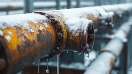Poster - Close-up of corroded pipes in a winter industrial setting, leaking water droplets and highlighting the challenges of maintaining manufacturing infrastructure in harsh weather conditions.