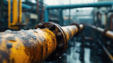 Poster - Close-up of corroded pipes in a winter industrial setting, leaking water droplets and highlighting the challenges of maintaining manufacturing infrastructure in harsh weather conditions.