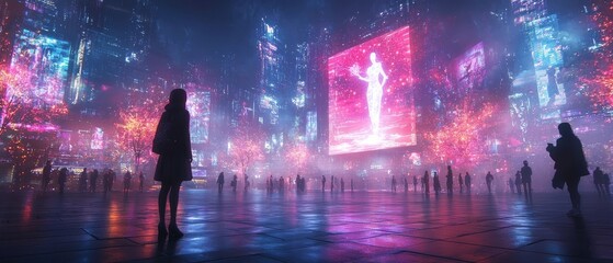 Poster - Futuristic City Square with Holographic Statues and Glowing Digital Art Displays