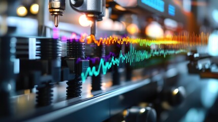 Poster - Close-up of high-resolution cables and connectors linking machines, with colorful data waveforms above them, illustrating real-time communication and data flow in an industrial setting.