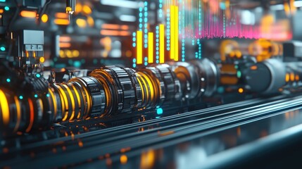 Poster - Close-up of high-resolution cables and connectors linking machines, with colorful data waveforms above them, illustrating real-time communication and data flow in an industrial setting.