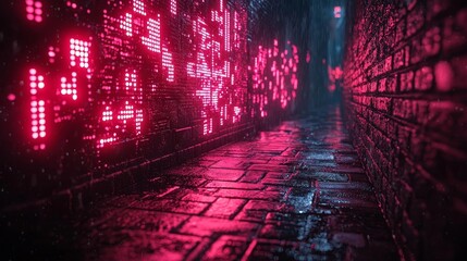 Poster - Alley with Glowing Holographic Graffiti Illuminating the Moody Urban Environment