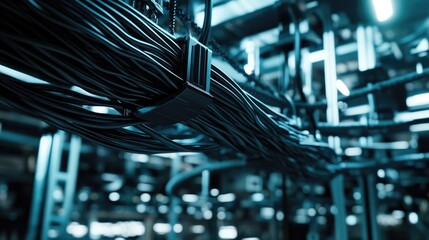 Poster - Close-up of network cables and a 5G antenna within a factory, representing the vital infrastructure enabling instant communication and data transfer in industrial settings.