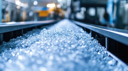 Aufkleber - Close-up of plastic granules moving along a conveyor belt in a factory, showcasing the manufacturing process of plastic materials being prepared for production