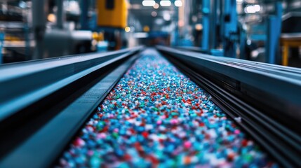 Aufkleber - Close-up of plastic granules moving along a conveyor belt in a factory, showcasing the manufacturing process of plastic materials being prepared for production