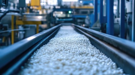Poster - Conveyor belt carrying plastic granules through a manufacturing facility, demonstrating the early stages of plastic production in an industrial factory environment.