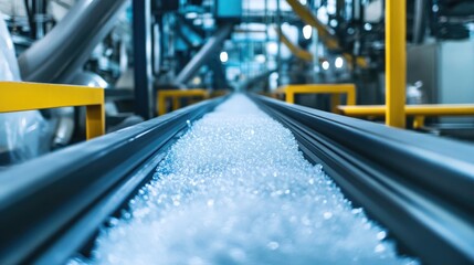Poster - Conveyor belt carrying plastic granules through a manufacturing facility, demonstrating the early stages of plastic production in an industrial factory environment.