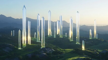 Poster - Crystal skyscrapers glowing amidst fertile land, representing the fusion of sustainable urban growth and nature, showcasing a futuristic, eco-friendly city of the future.