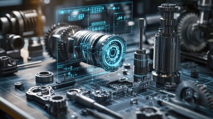Poster - Detailed array of gears and parts on a workbench, with overlaid digital schematics showcasing the customizable assembly process and precision engineering in a modern workshop.