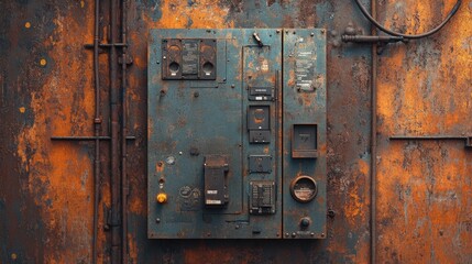 Aufkleber - Electrical panel with detailed wiring and circuit breakers on a weathered, rusty metal background, showcasing the durability and complexity of industrial manufacturing environments.