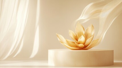 Poster - Elegant golden petals swirling in wax, set on a minimalist podium ready for product presentation in a luxurious setting.