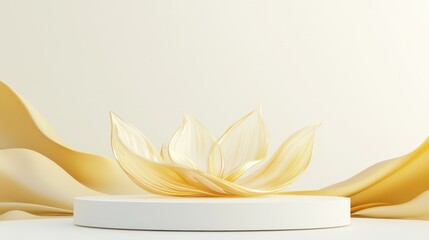 Poster - Elegant golden petals swirling in wax, set on a minimalist podium ready for product presentation in a luxurious setting.