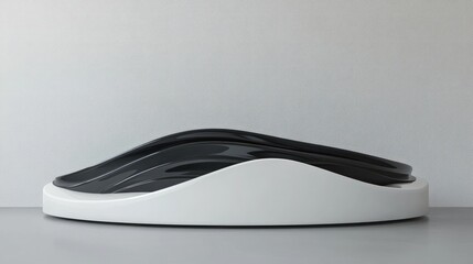 Poster - Empty product showcase featuring a white oval podium with abstract obsidian waves, highlighting elegance and sophistication.