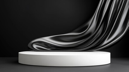 Poster - Empty product showcase featuring a white oval podium with abstract obsidian waves, highlighting elegance and sophistication.