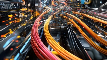 Poster - High-definition cables and connectors interlink machines, with colorful waveforms of data traffic above, emphasizing the importance of connectivity in industrial data systems.