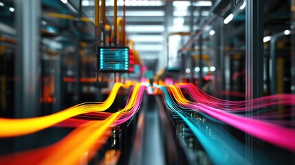 Poster - High-definition cables and connectors interlink machines, with colorful waveforms of data traffic above, emphasizing the importance of connectivity in industrial data systems.