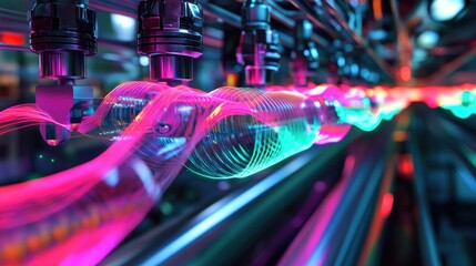 Poster - High-definition cables and connectors interlink machines, with colorful waveforms of data traffic above, emphasizing the importance of connectivity in industrial data systems.