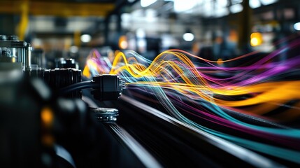 Poster - High-resolution cables and connectors link industrial machines, with dynamic waveforms of data traffic rendered as colorful lines above, visualizing communication in smart manufacturing.