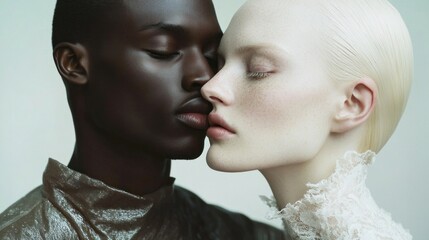 Poster - Two models express deep connection and grace, their foreheads touching, captured in an artistic style that embraces intimate moments and highlights contrasting beauty