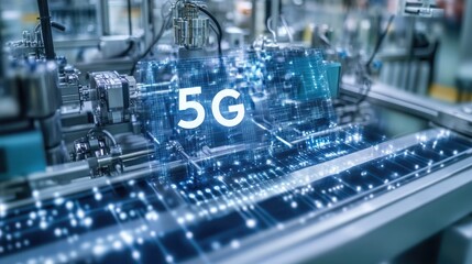 Poster - Network cables and a 5G antenna inside a factory, magnified to highlight the infrastructure crucial for supporting real-time communication in advanced industrial processes.