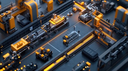 Aufkleber - Overhead perspective of a microfactory assembly line, where 3D-printed components are carefully arranged, with machinery in the background designed for adaptable production processes.