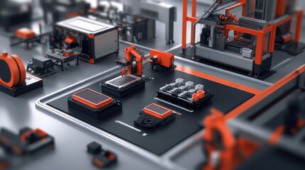 Aufkleber - Overhead perspective of a microfactory assembly line, where 3D-printed components are carefully arranged, with machinery in the background designed for adaptable production processes.