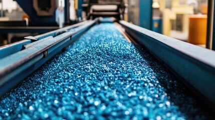 Poster - Plastic granules are processed and transported via a conveyor belt in a factory, illustrating the steps in the manufacturing process that turn raw plastic into usable material.