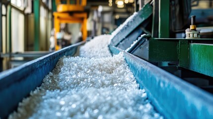 Poster - Plastic granules are processed and transported via a conveyor belt in a factory, illustrating the steps in the manufacturing process that turn raw plastic into usable material.