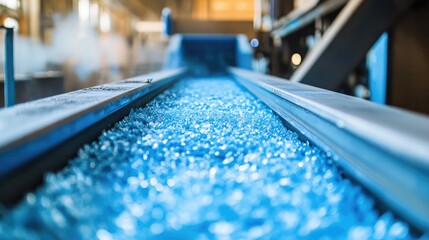 Poster - Plastic granules are processed and transported via a conveyor belt in a factory, illustrating the steps in the manufacturing process that turn raw plastic into usable material.