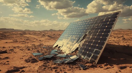 Poster - Shattered solar panel lying in an arid desert with cracked glass, dust, and debris scattered around, symbolizing renewable energy failure, environmental challenges, and climate crisis.